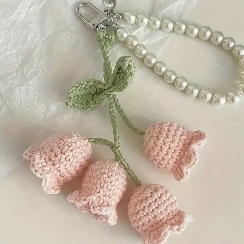 Crochet pink flower keychain